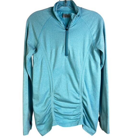 Athleta Running Pullover Jacket Womens M Blue Ruched Front Half Zip Turtle Neck - Picture 1 of 8